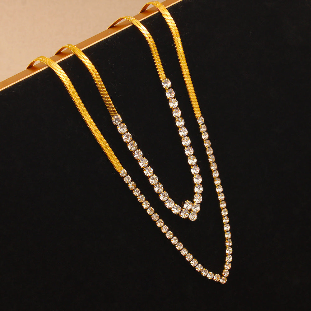 Luxury cubic zircon inlaid snake chain stainless steel necklace