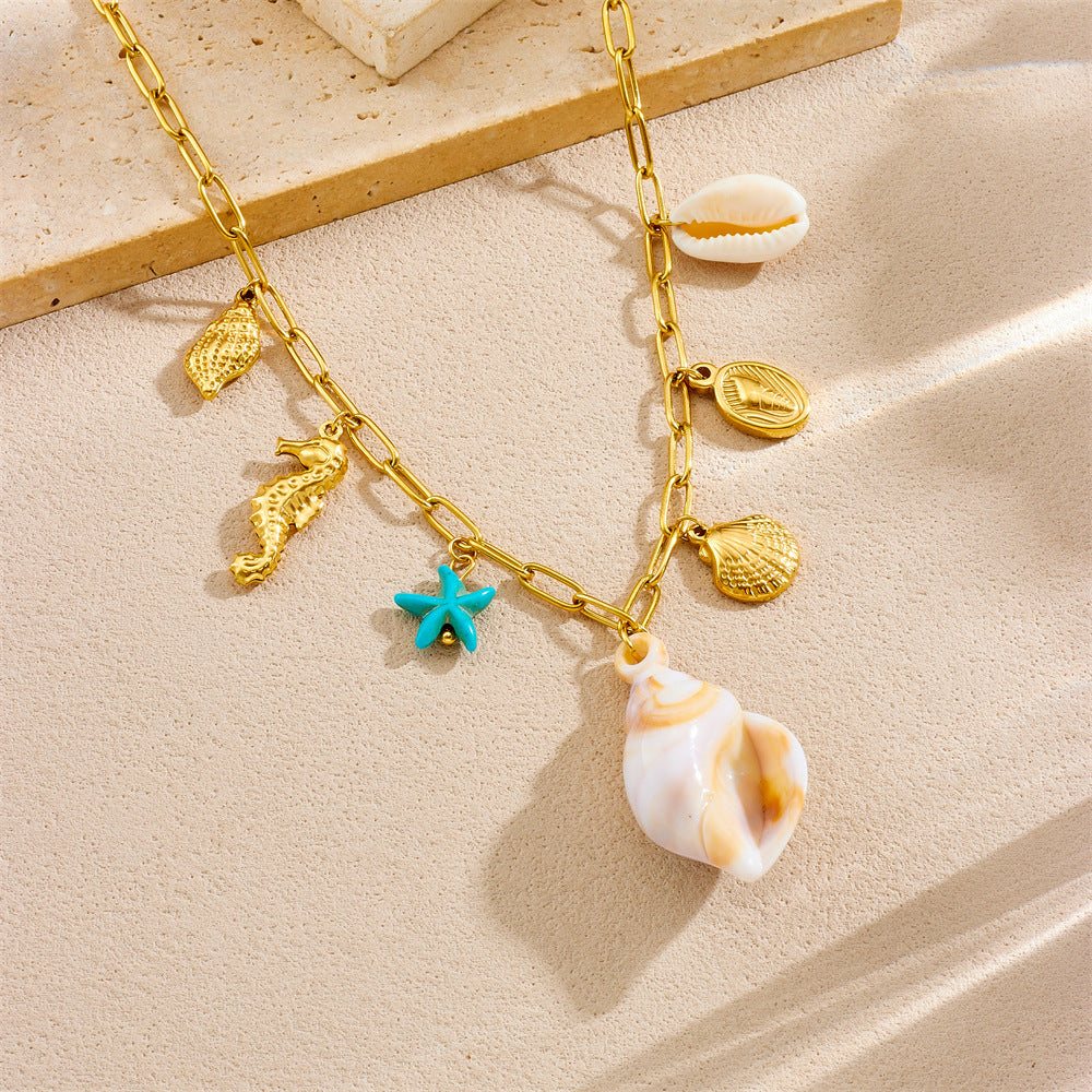 New Summer Ocean Style Blue Starfish Conch Seahorse Scallop charm necklace