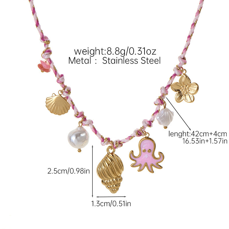Sweet pink ocean charms braid rope chain stainless steel necklace