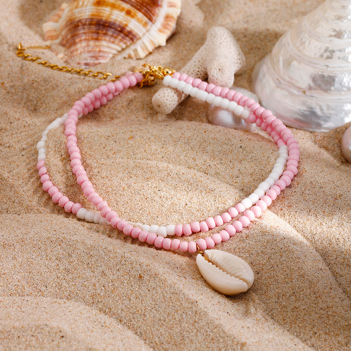 Sweet pink color bead shell charm stainless steel anklet