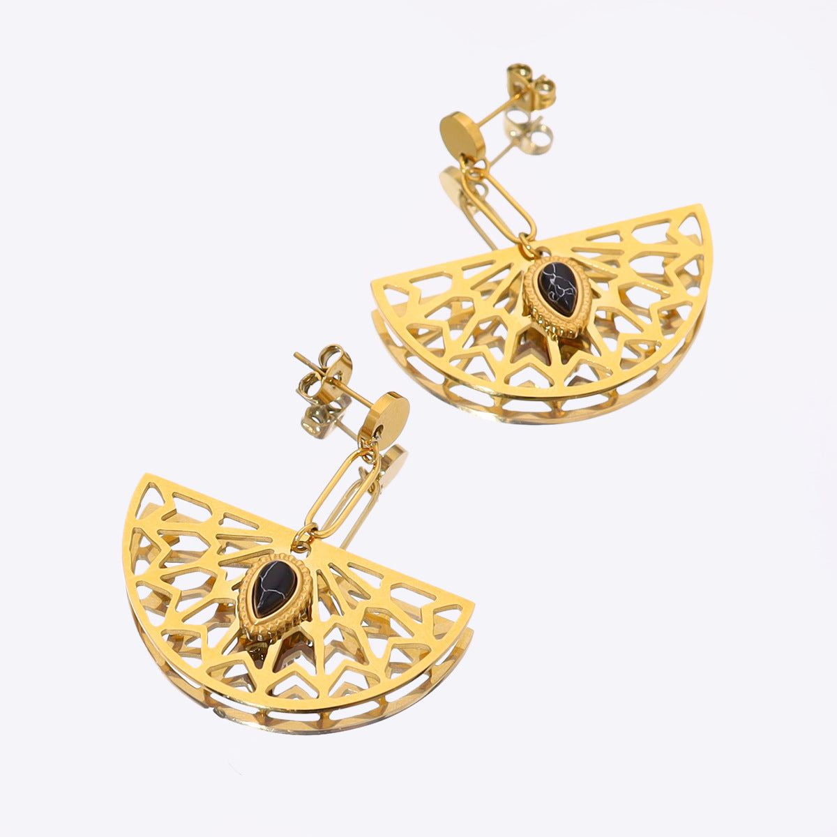18KG vintage hollow out fan shape dangle stainless steel earrings
