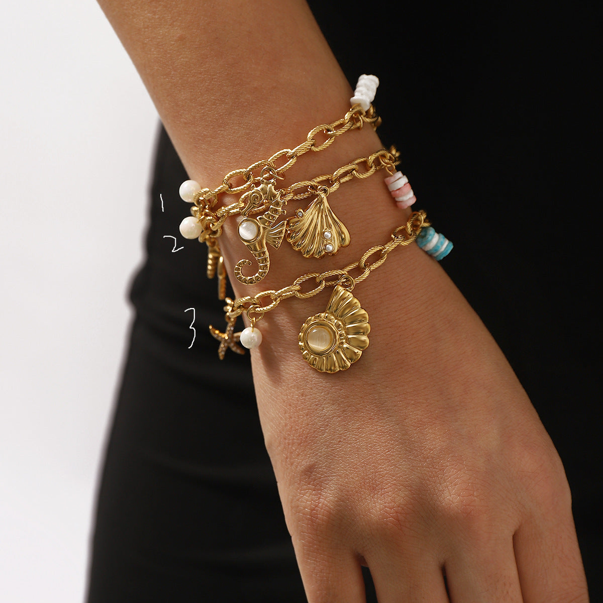 14K summer ocean animal series multi charm stainless steel bracelet