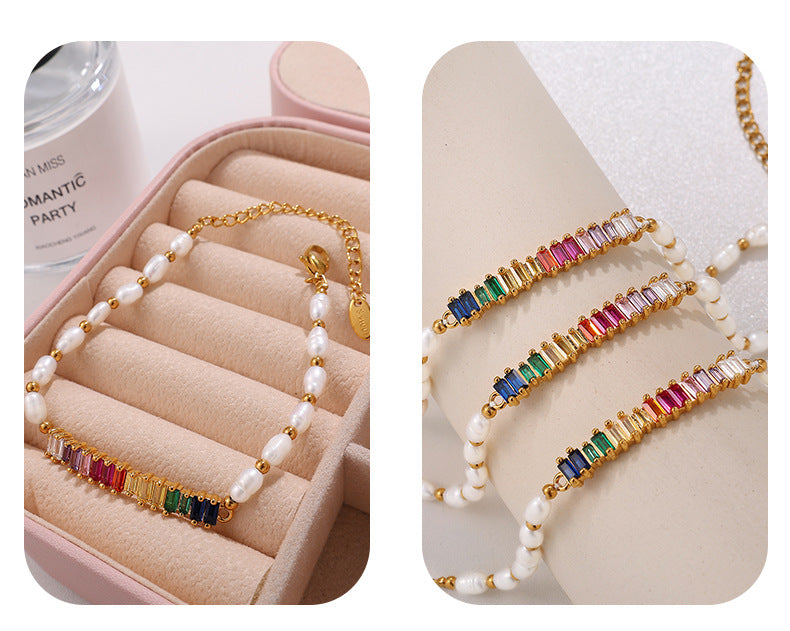 Freshwater Pearl Beaded Bracelet Inlaid Colorful Zircon Design Sense Stainless Steel Bracelet
