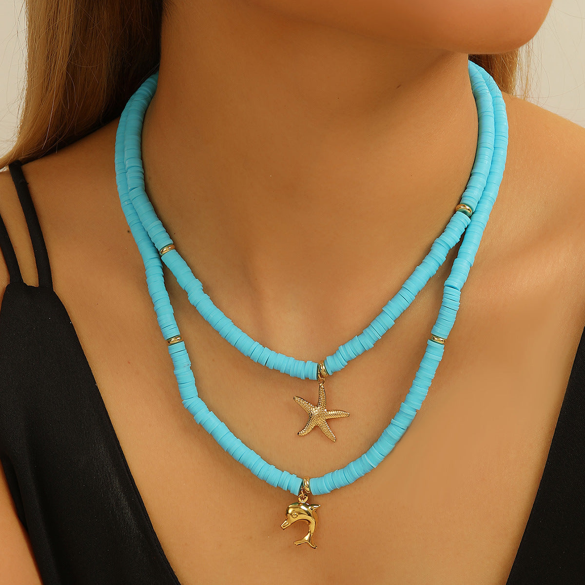 Hot-selling Color String Ocean Wind Starfish Shell Dolphin Necklace clay bead necklace