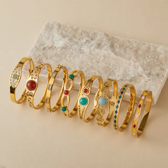 Vintage natural stone turquoise stone inlaid stainless steel bangle bracelet