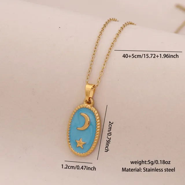 Vintage enamel round block pendant moon star evil eye stainless steel necklace