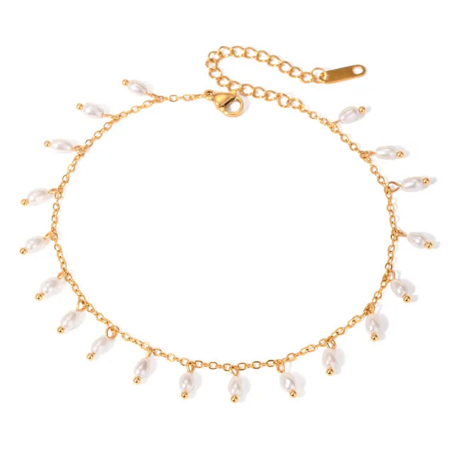 Summer 18KG pearl bead tassel stainless steel anklet