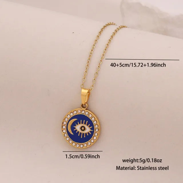 Vintage enamel round block pendant moon star evil eye stainless steel necklace