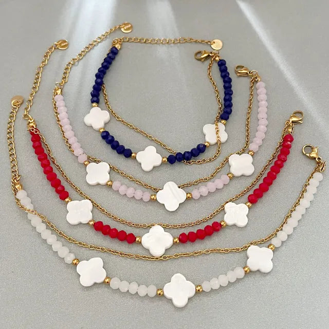 Shell Four-leaf Clover Beaded Bracelet Double-layer Colorful Beads Stainless Steel bracelet for women