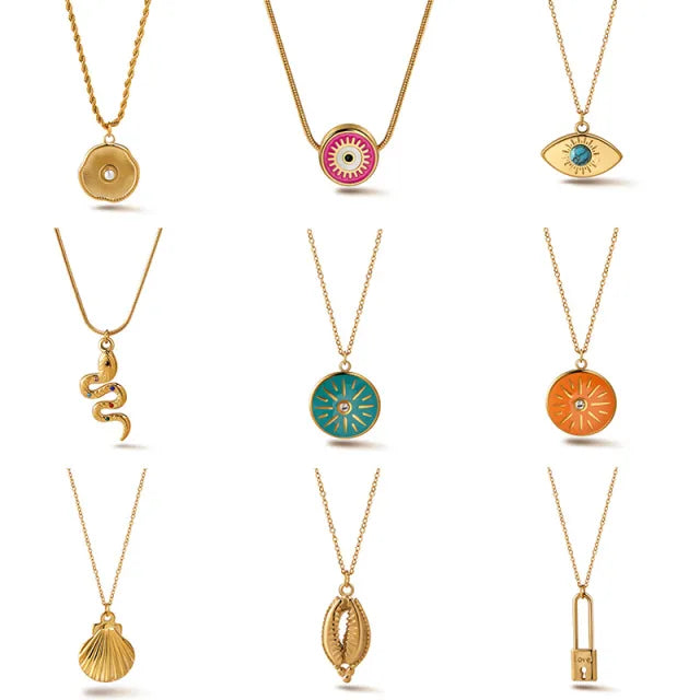 Classic vintage coloful evil eye pendant stainless steel necklace