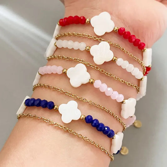Shell Four-leaf Clover Beaded Bracelet Double-layer Colorful Beads Stainless Steel bracelet for women