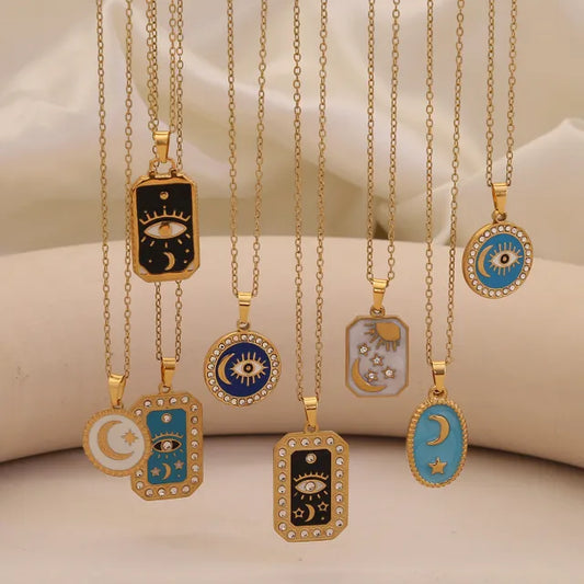 Vintage enamel round block pendant moon star evil eye stainless steel necklace