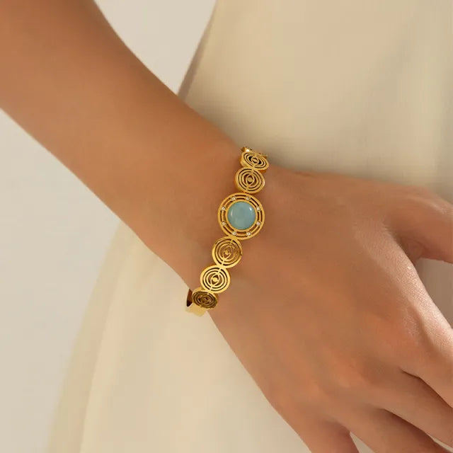 Vintage natural stone turquoise stone inlaid stainless steel bangle bracelet