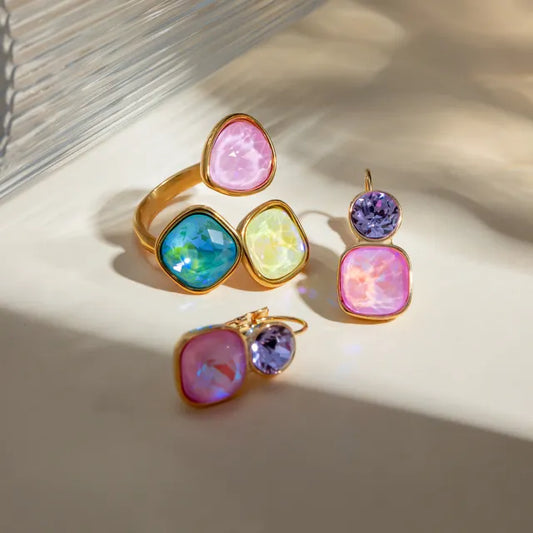 18KG spring summer colorful cubic zircon stainless steel earrings rings set