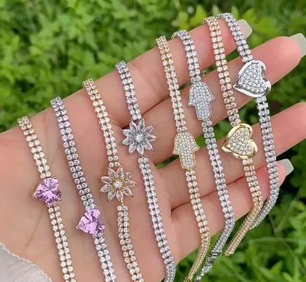 18K colorful cubic zircon heart flower hansma hand tennis bracelet copper bracelet