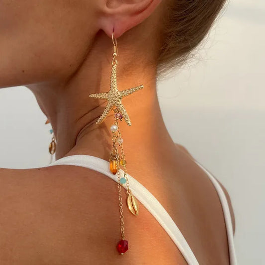 Ocean series starfish shell tassel long earrings