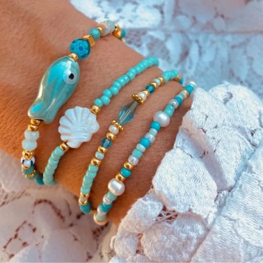 Bohemian Beach Vacation Bracelet Summer Ceramic Fish Shell Rice Bead Bracelet Multi-Layer Stacked Bracelet