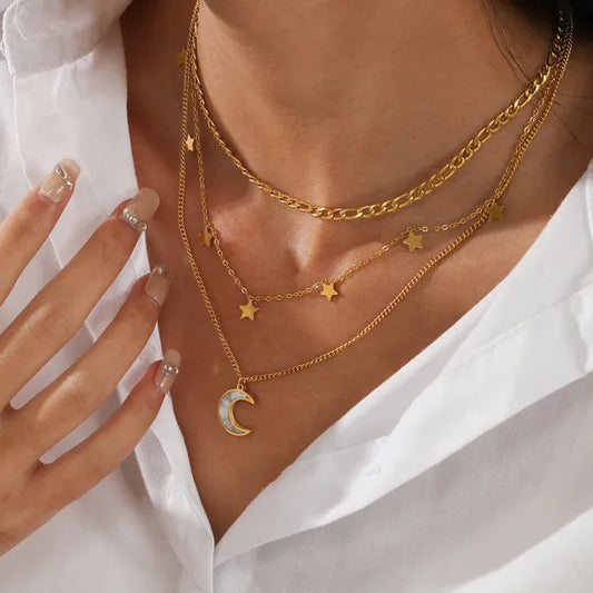 Fashion three-layer stainless steel necklace popular star moon charm necklace