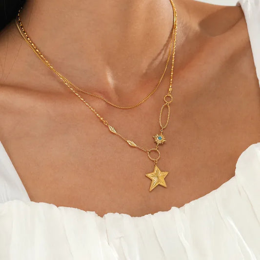 14K gold double-layer five-pointed star pendant stainless steel necklace