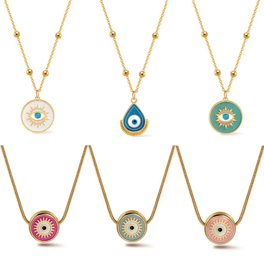 Classic colorful evil eye pendant stainless steel necklace