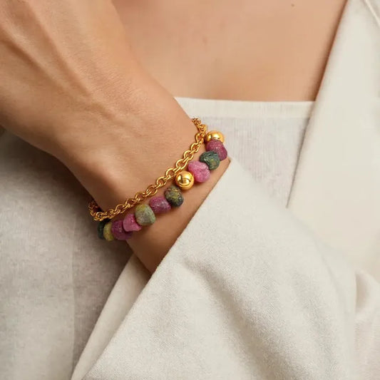Two layer colorful Tourmaline bead stainless steel bracelet