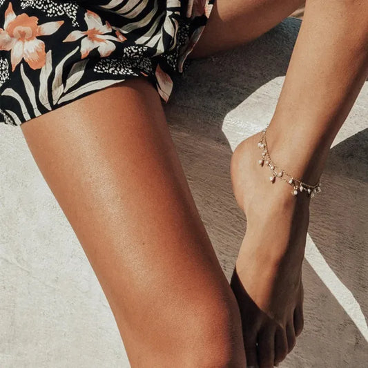 Summer 18KG pearl bead tassel stainless steel anklet