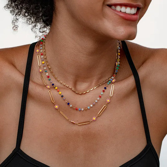 Boho colorful seed bead pink daisy flower layer stainless steel necklace