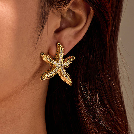 Ocean series diamond starfish stainless steel earrings