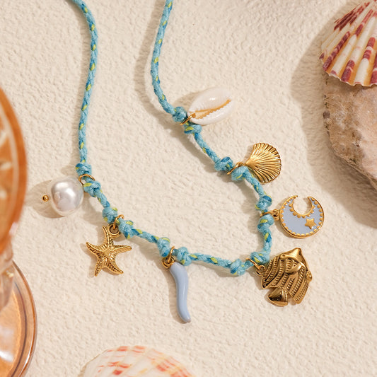 Beach Style Colorful Braided rope chain stainlss steel fish shell charms Necklace