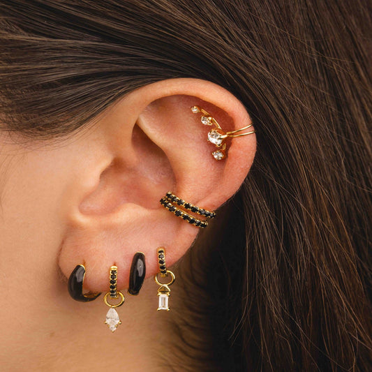Black cubic zircon inlaid gold plated copper huggie earrings set