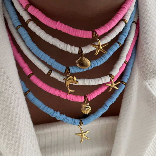 Hot-selling Color String Ocean Wind Starfish Shell Dolphin Necklace clay bead necklace