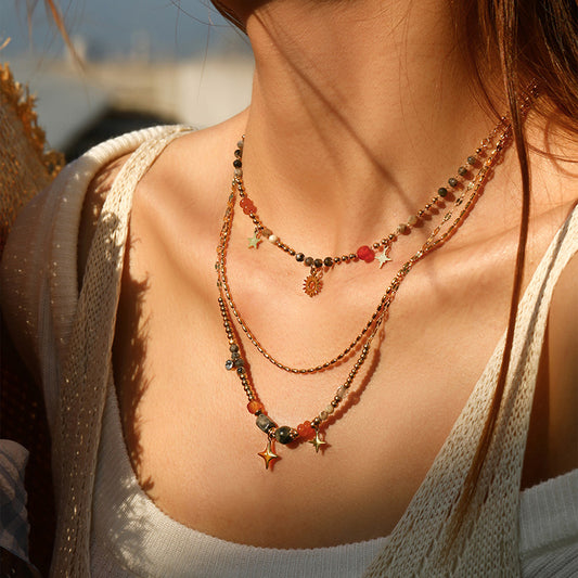 Multi-layer Color Natural Stone Star Sun Pendant Necklace stainless steel necklace