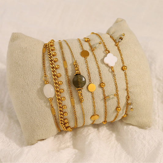 Stainless Steel Stacked Bracelet suit Four-leaf Clover Natural Shell Pendant Simple Design Bracelet suit Women