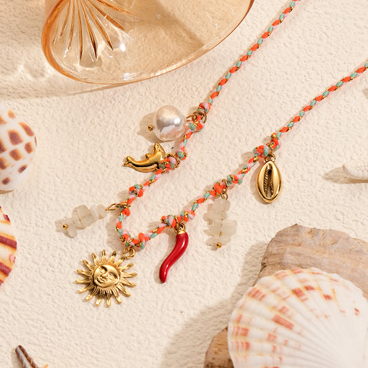 Summer Ocean Style Necklace Shell Pepper Dolphin Pearl charm stainless steel Necklace