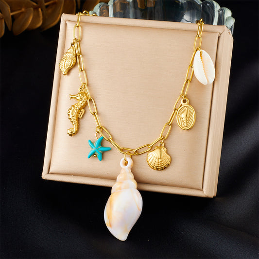 New Summer Ocean Style Blue Starfish Conch Seahorse Scallop charm necklace