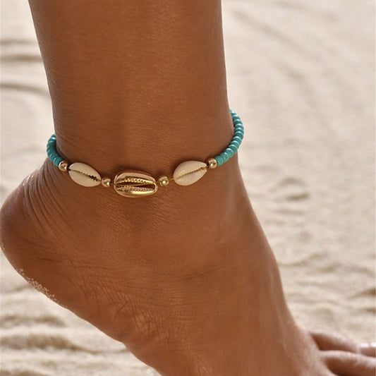 Holiday turquoise bead shell stainless steel anklet