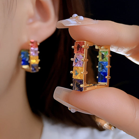Rainbow cubic zircon square shape copper huggie earrings