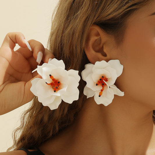 Acrylic hand-painted petals heavy handmade camellia exaggerated earrings