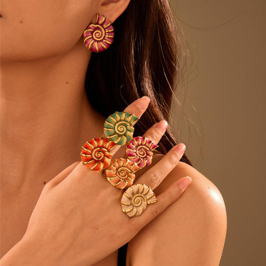 Summer holiday enamel conch stainless steel earrings rings suit