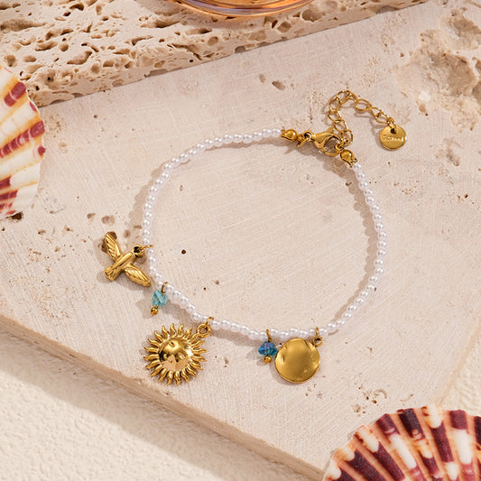 Shell Beads Smiley Face Sun coin charm Beaded Summer Vacation Bracelet stainless steel bracelet