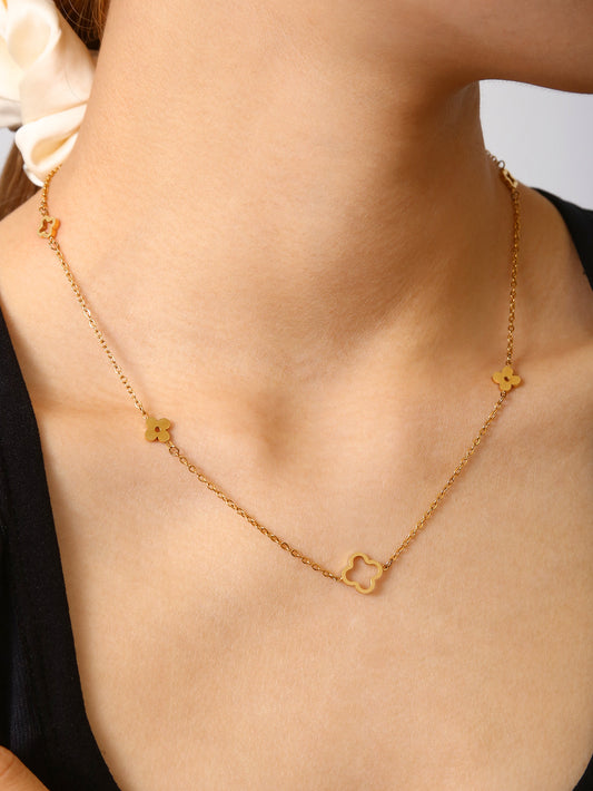 Dainty hollow out four leaf flower stainless steel necklace