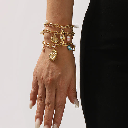 14K summer ocean animal series multi charm stainless steel bracelet