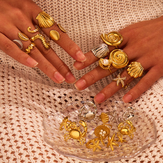 Ocean Style Summer Metallic Stainless Steel Ring Starfish Shell Simple Hand Jewelry Wholesale