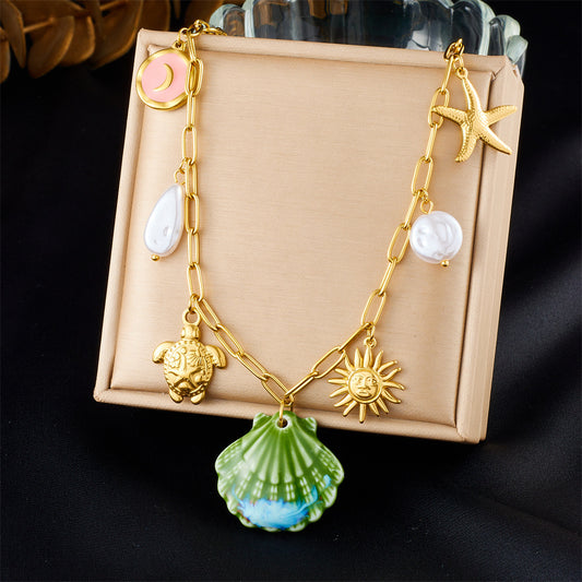 Scallop Starfish Turtle Sun Stainless Steel charm Marine Series Holiday necklace