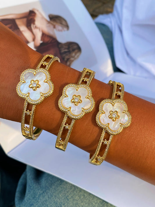 Natural Fritillaria Plum Blossom Ring Bracelet gold plated copper mother shell rings bangle suit