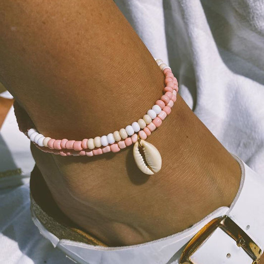 Sweet pink color bead shell charm stainless steel anklet