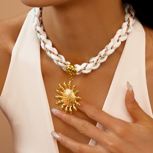 Metallic Sun Pendant Handmade Braided Rope Necklace