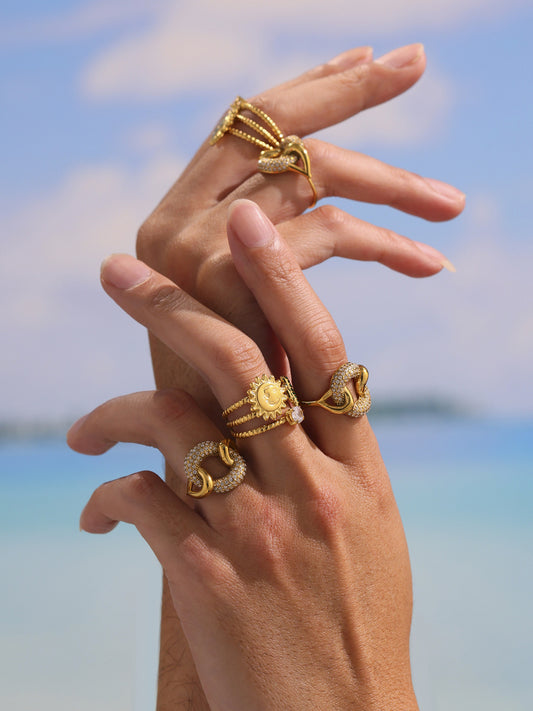 Set 24K gold plated cubic zircon inlaid chunky stainless steel rings