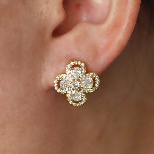 18K gold plated copper diamond clover flower studs earrings