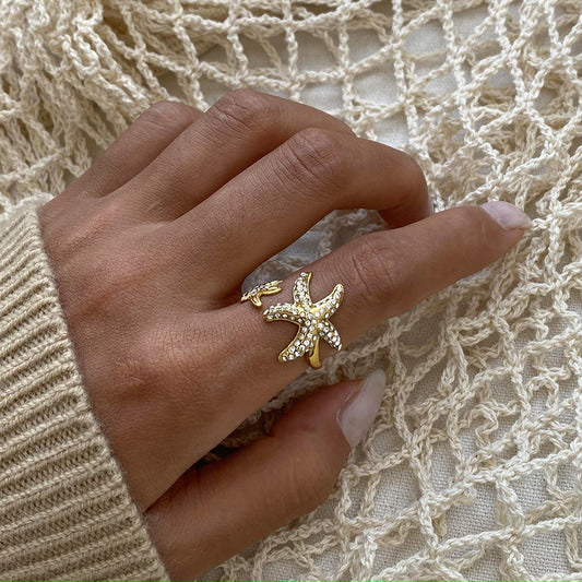 Ocean series diamond starfish stainless steel finger rings